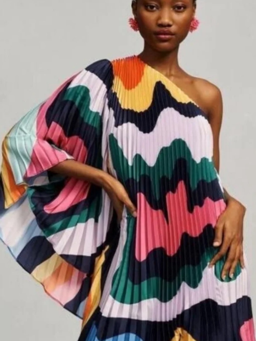 Anthropologie Multicolor One-Shoulder Pleated Dress with Wave Print